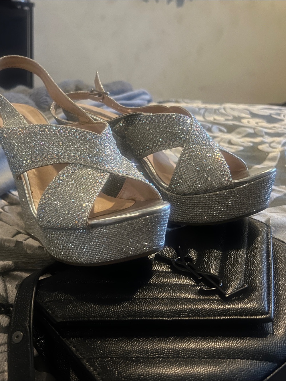 ~De Blossom Collection Silver Crisscross Slingback Heels w/Rhinestone Accents~